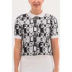 Foray Golf Knit Polo Women XS Black White Logo Print Short Sleeve Cotton Sweater